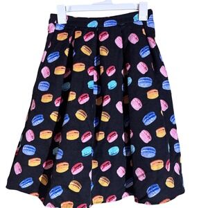 The Moon A-line pleated Black Skirt Colorful Macaron Print retro foodie Lined S
